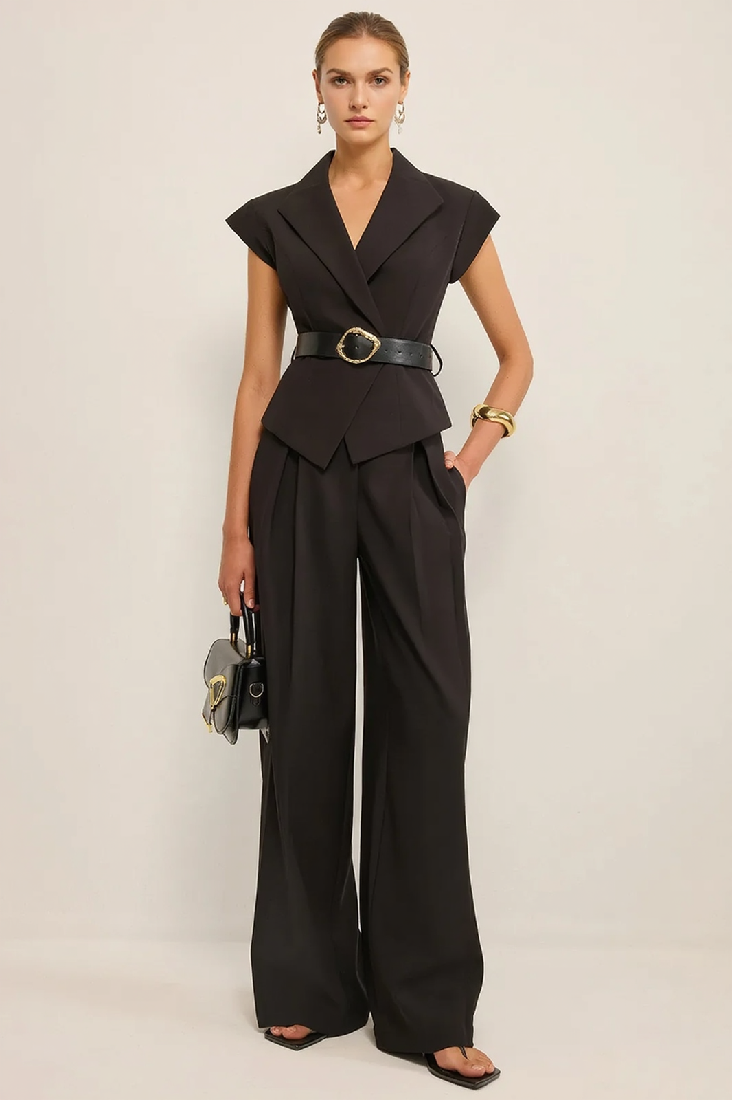 Loose Sleeveless Top Wide Leg Two Piece Work Set
