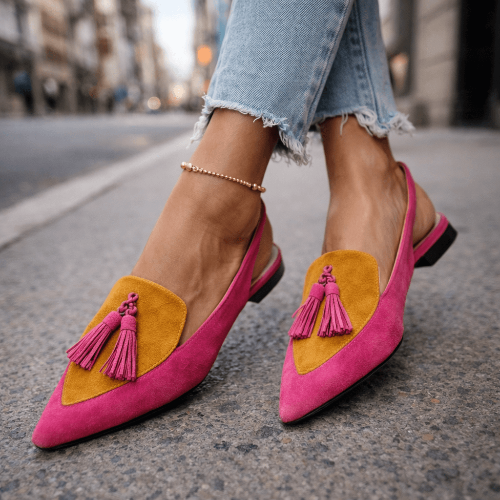 Pointed Toe Tassel Suede Look Slingback Flats