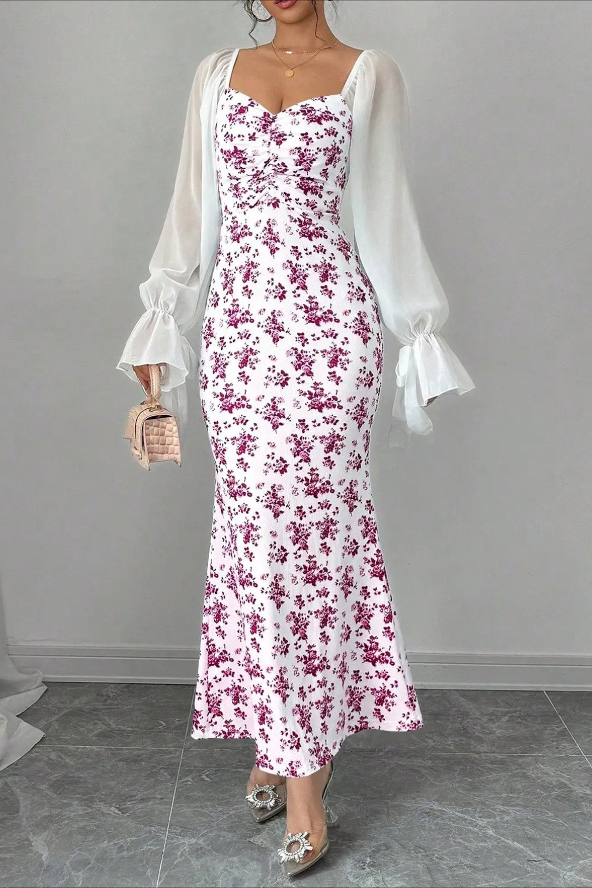 Floral Sweetheart Long Sleeve Ruched Mermaid Maxi Dress