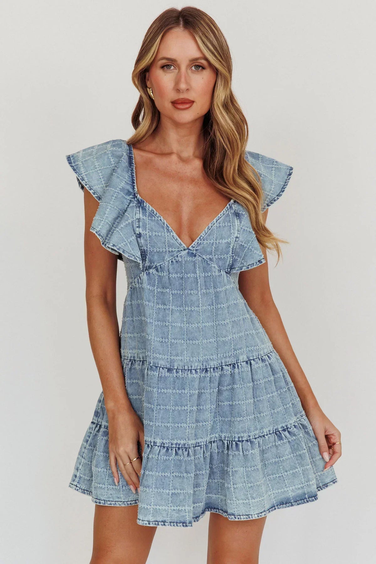 Grid Embroidered Denim-Look Flutter Sleeve V-Neck Tiered Mini Dress