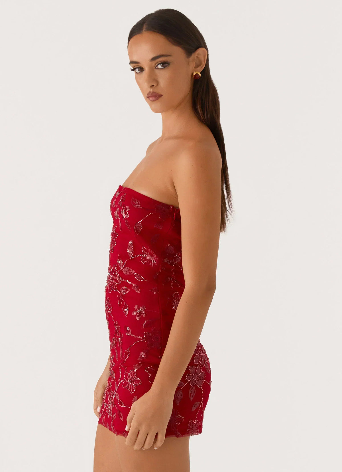 Beaded Floral Embroidered Mesh Strapless Bodycon Mini Dress 3