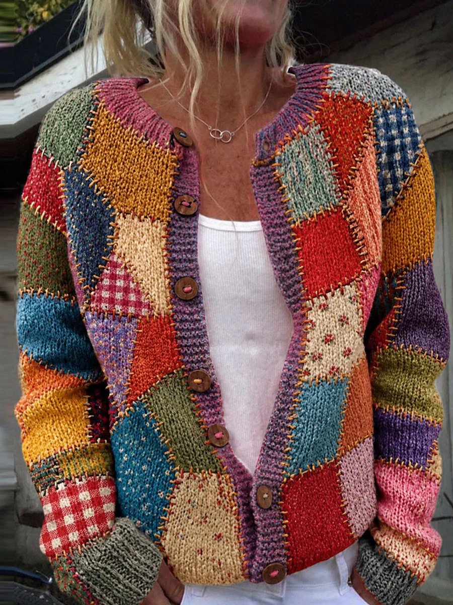 Patchwork Button Front Crew Neck Knit Cardigan