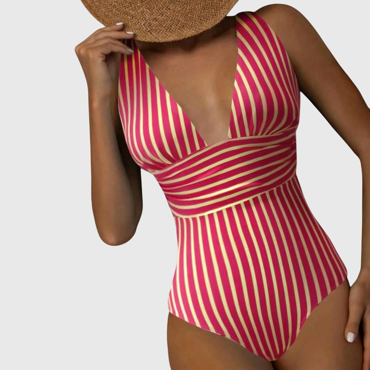 Striped Deep V-Neck Ruched One Piece Swimsuit