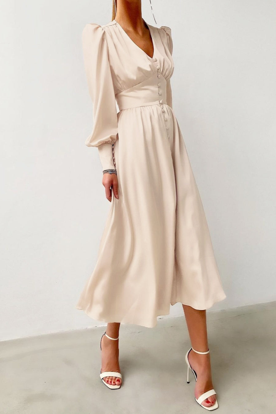 Satin Puff Sleeve Bustier Tailored Midi Dress