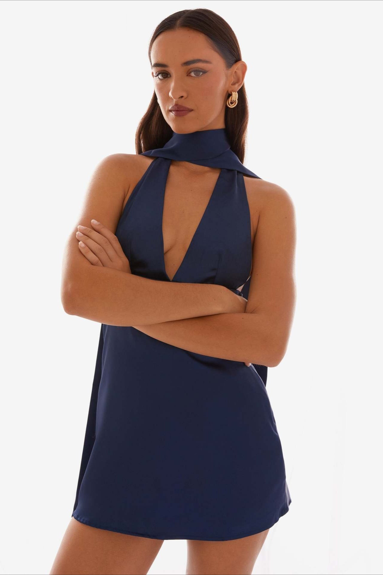 Satin Halter Scarf Neck Deep V-Neck Cut Out Backless Mini Cocktail Dress