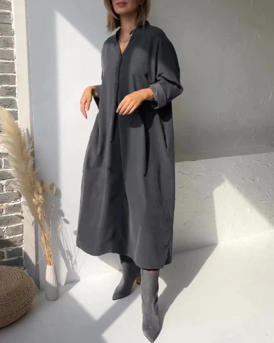 Oversized V-Neck Long Sleeve Relaxed Shift Maxi Dress