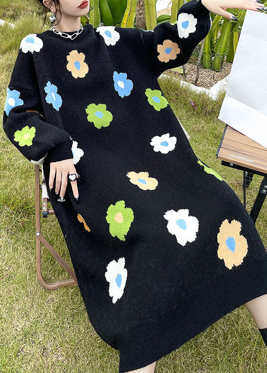 Knit Floral Print Oversized Crew Neck Long Sleeve Maxi Sweater Dress