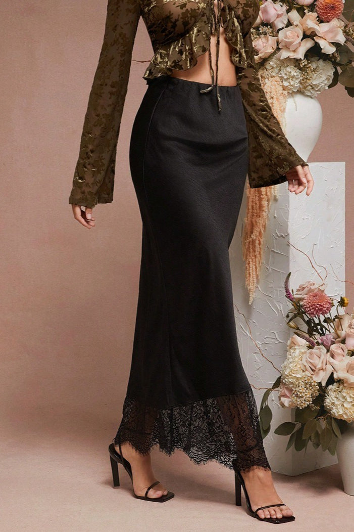Elegant Sheer Lace Satin Skirt