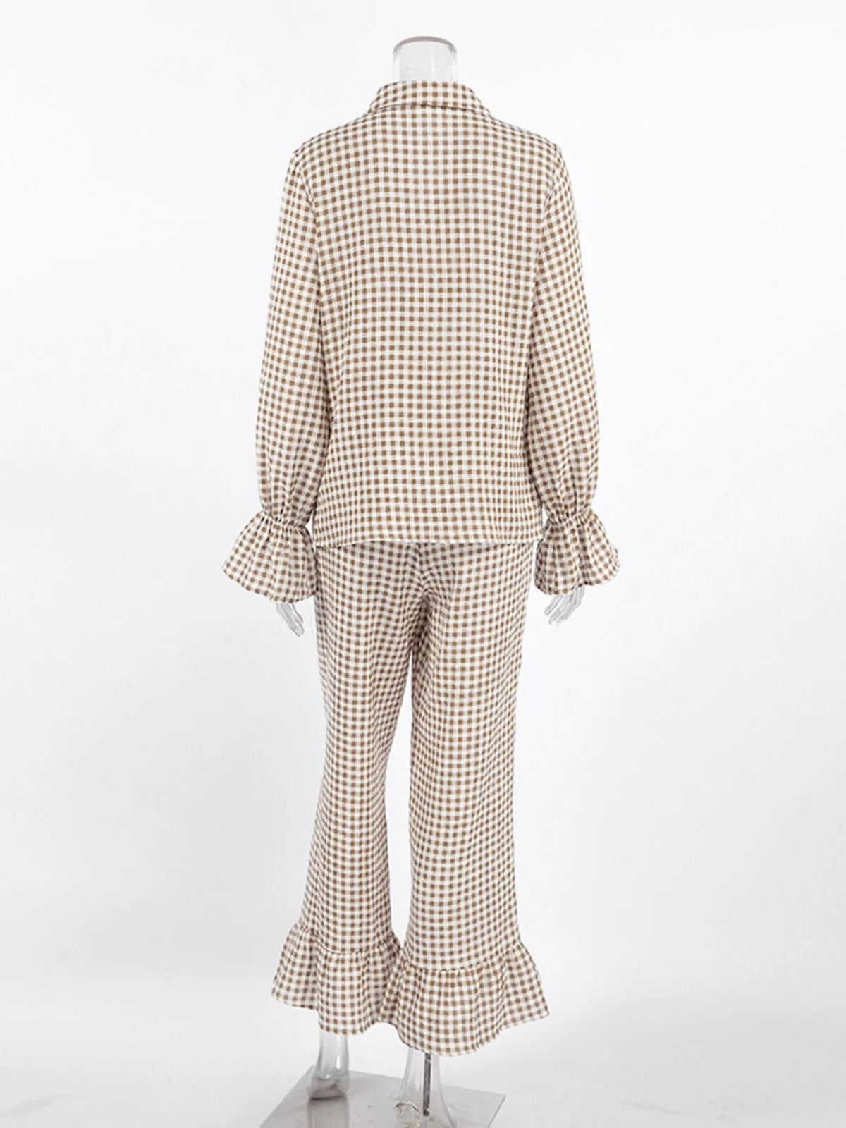 Gingham Ruffle Cuff Button Up Shirt and Ruffle Hem Pants Pajama Two Piece Set 7