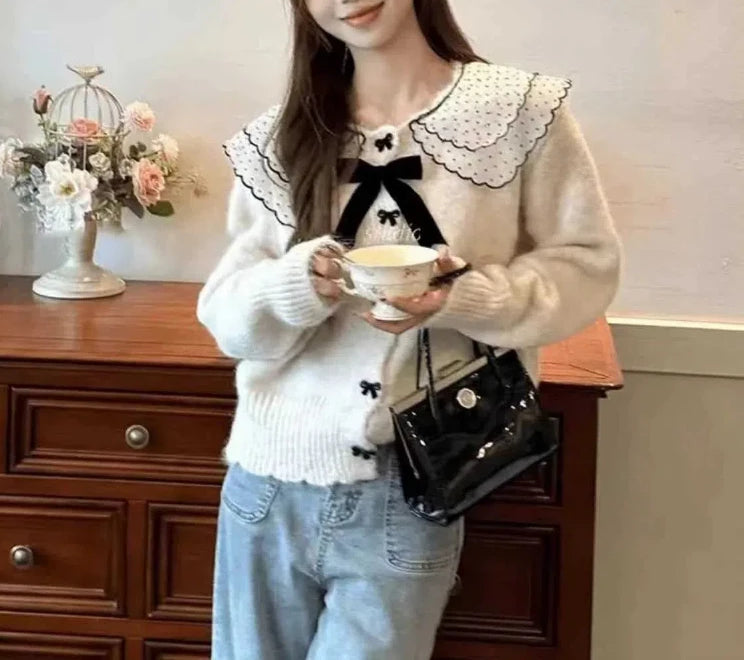 Polka Dot Mesh Ruffle Collar Bow Button Knit Cardigan 5