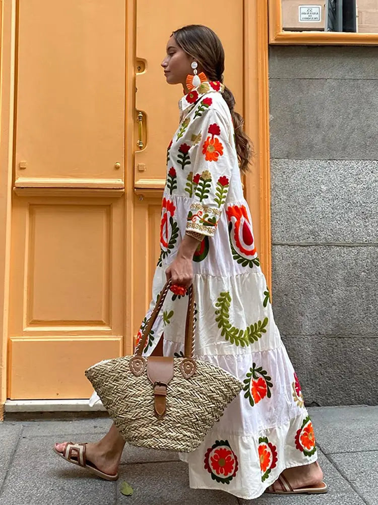 Embroidered Floral Long Sleeve Collared Button Front Tiered Maxi Dress