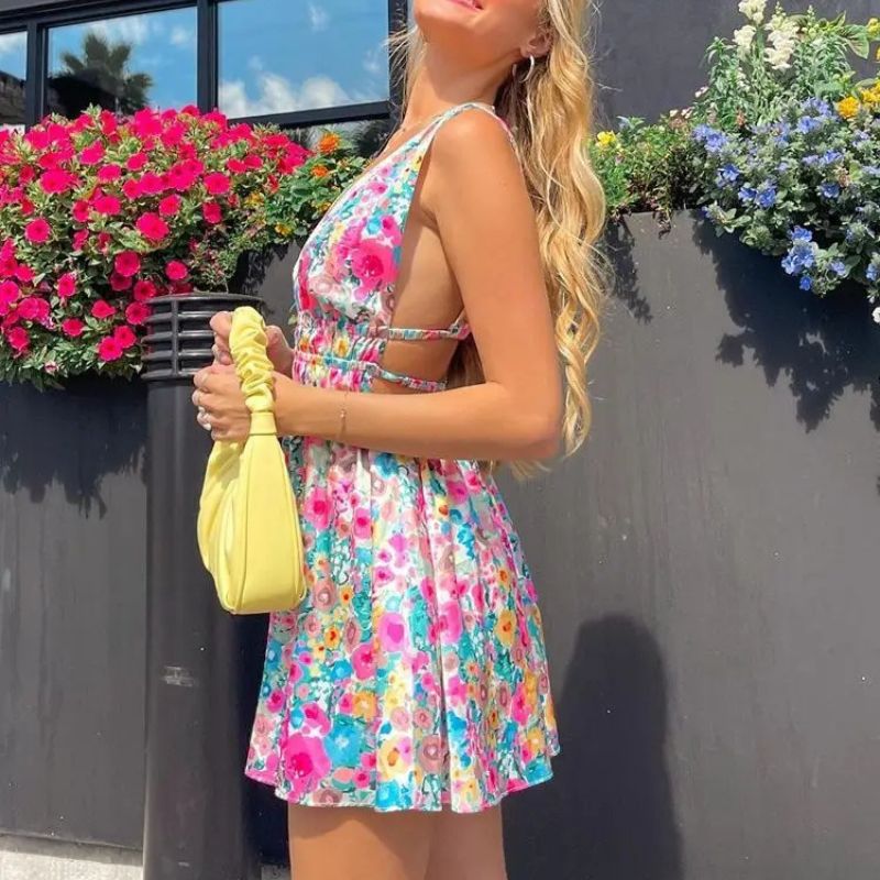 Floral Deep V-Neck Sleeveless Fit and Flare Mini Summer Dress