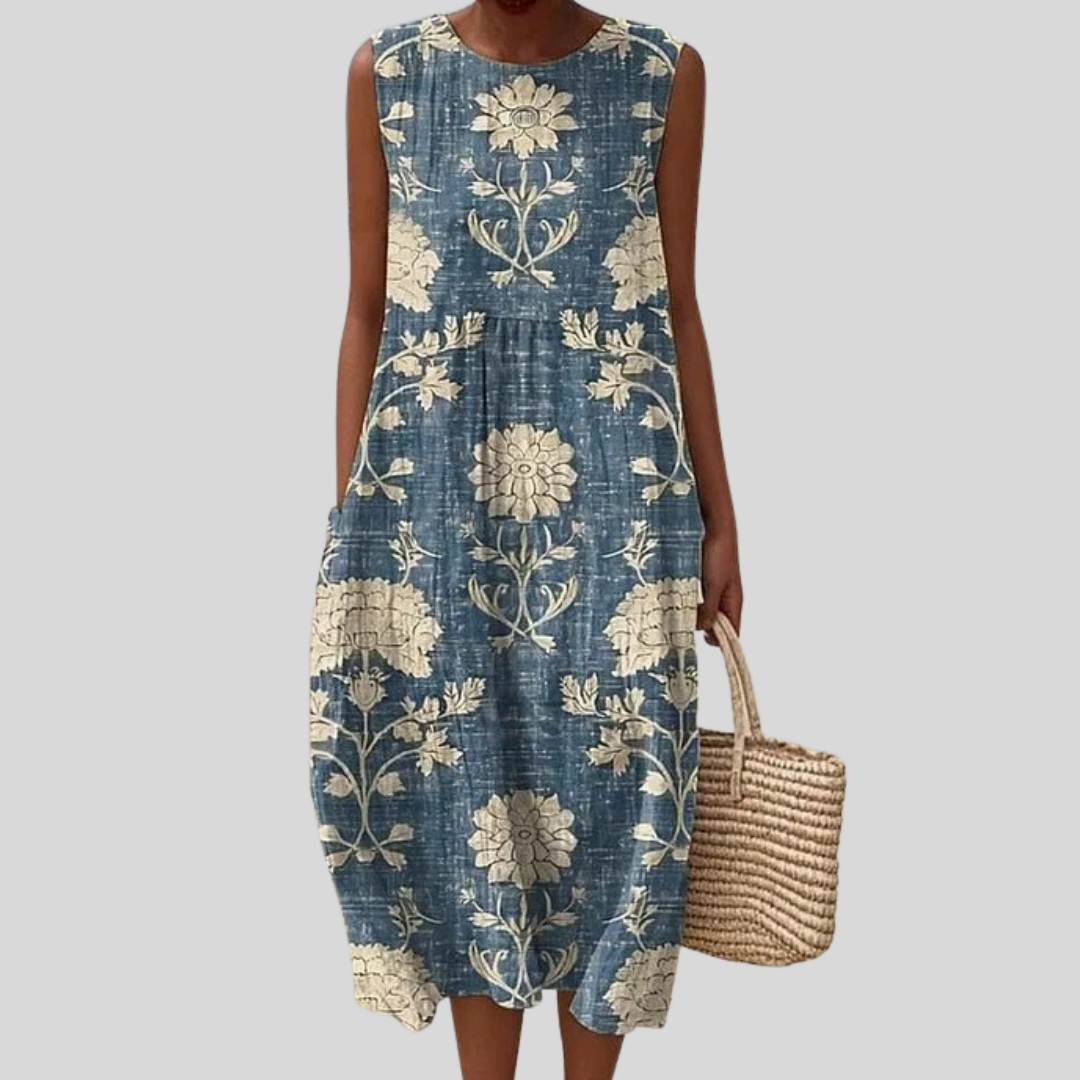 Floral Round Neck Sleeveless Pocket Midi Dress