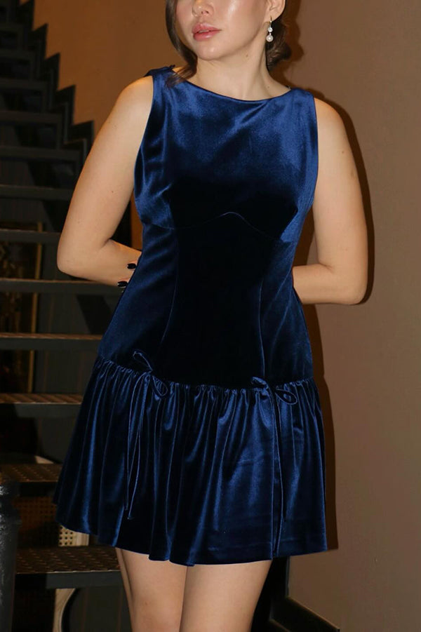 Solid Velvet Bow Embellished Sleeveless Mini Dress - View 5