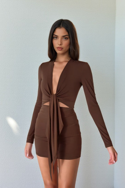 Square Neck Lace Trim Mini Dress in Brown - View 3