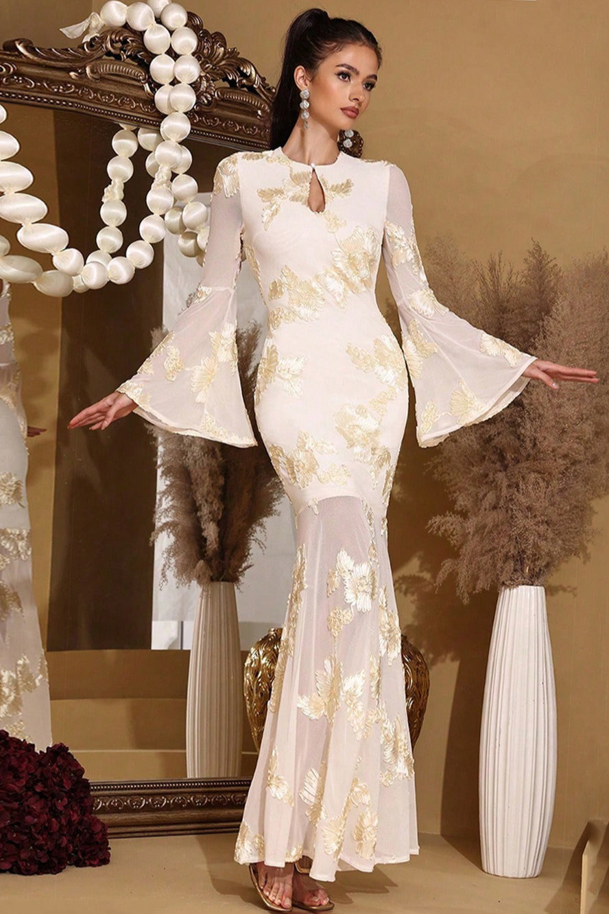 Embroidered Mesh Keyhole Bell Sleeve Mermaid Gown