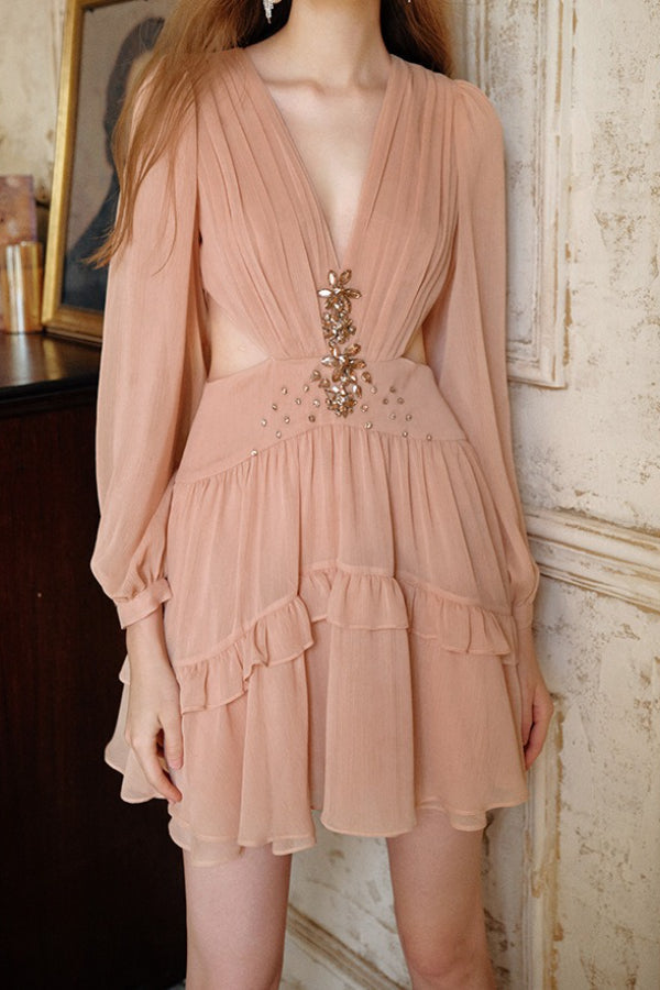 Crystal Cut Out Ruched Mini Dress