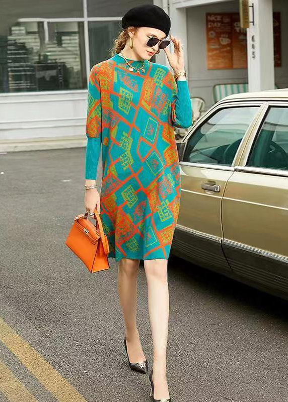 Geometric Pattern Knit Mock Neck Batwing Sleeve Ribbed Cuff Shift Midi Dress