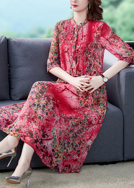 Floral Print Mandarin Collar Pintuck Pleated Three Quarter Sleeve A-Line Midi Dress