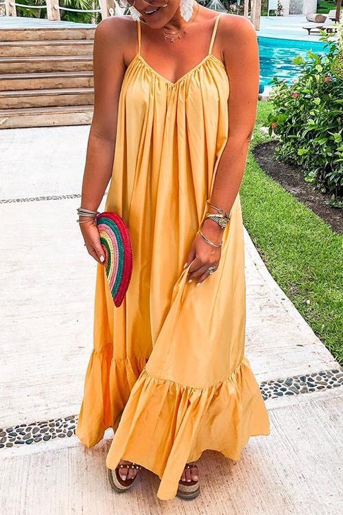 Spaghetti Strap V-Neck Tiered Ruffle Hem Maxi Dress