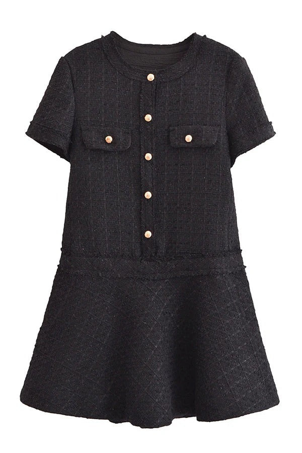Textured Boucle Gold Button Short Sleeve A-Line Mini Dress