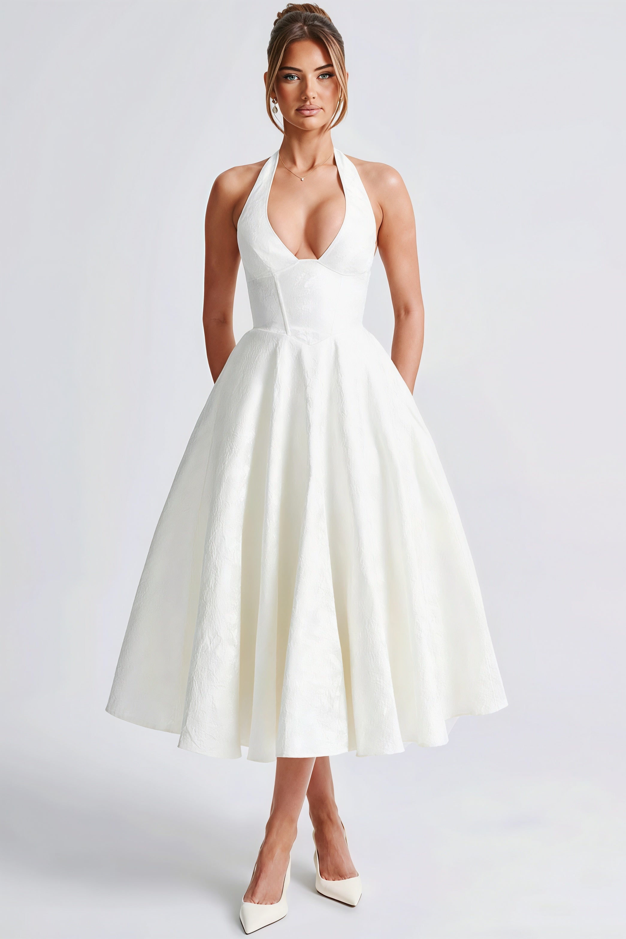 Halter V Neck Jacquard Backless Midi Dress