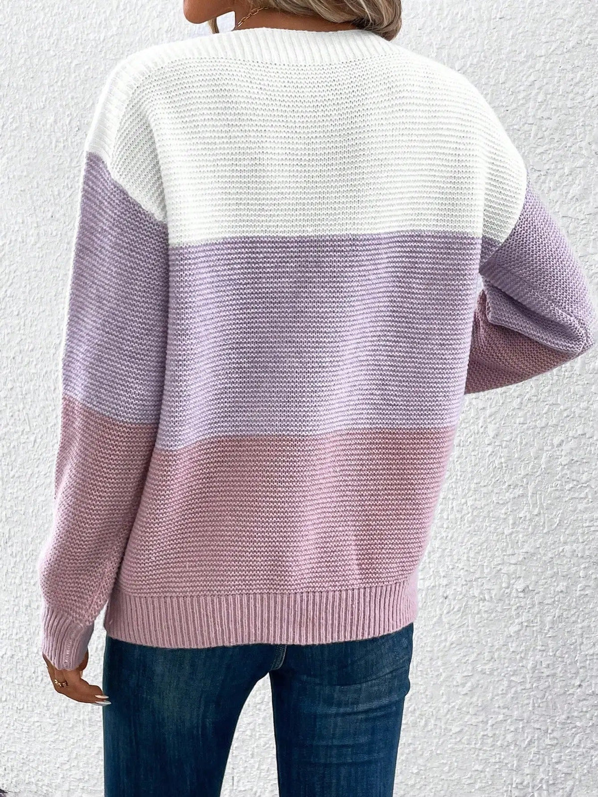 Color Block Boat Neck Long Sleeve Knit Sweater