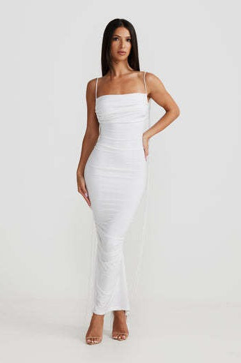 Cowl Neck Spaghetti Strap Backless Ruched Bodycon Maxi Dress
