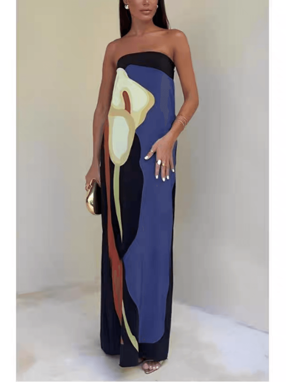 Strapless Color Block Printed Maxi Party Dress DarkBlue