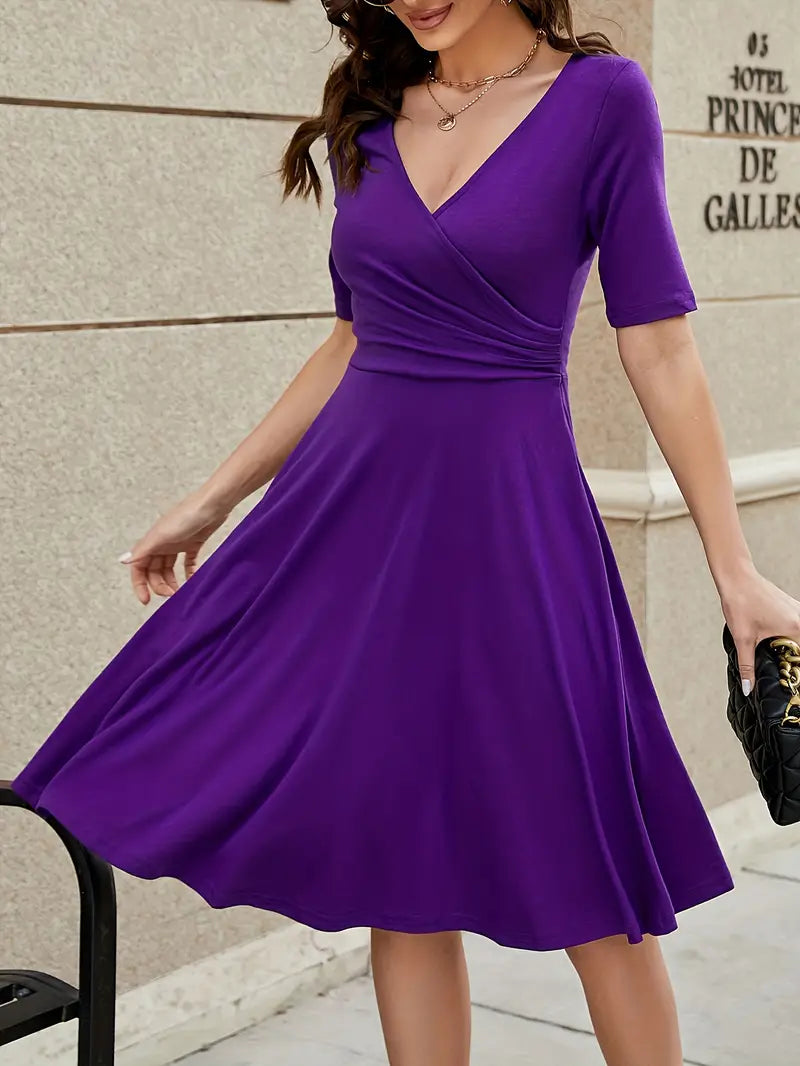 Wrap V-Neck Short Sleeve Fit and Flare Knee Length Midi Dress