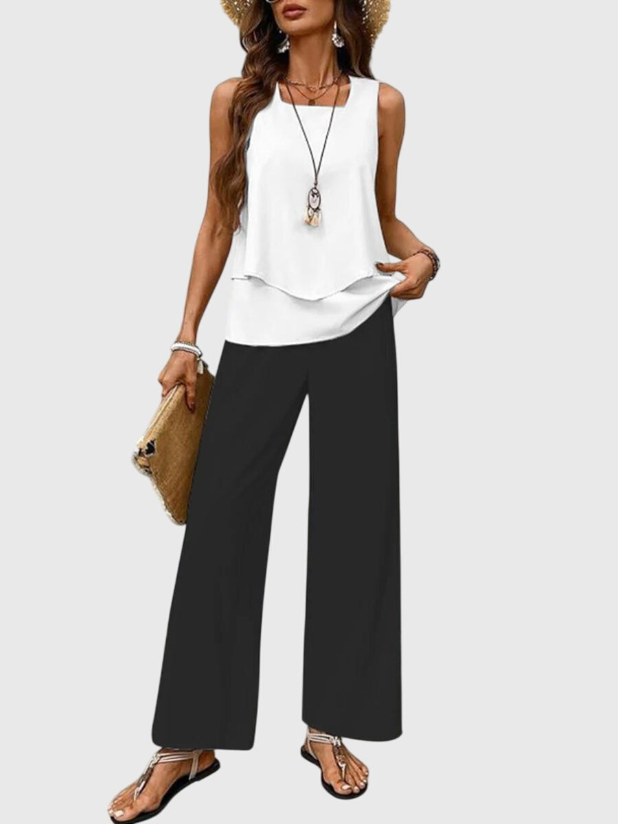 Sleeveless Top and Leaf Print Wide Leg Pants Two Piece Set