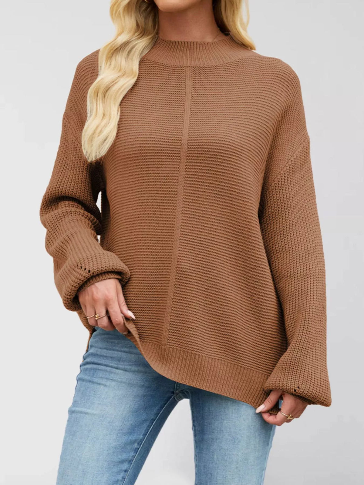 Mock Neck Drop Shoulder Front Seam Ribbed Knit Sweater 7