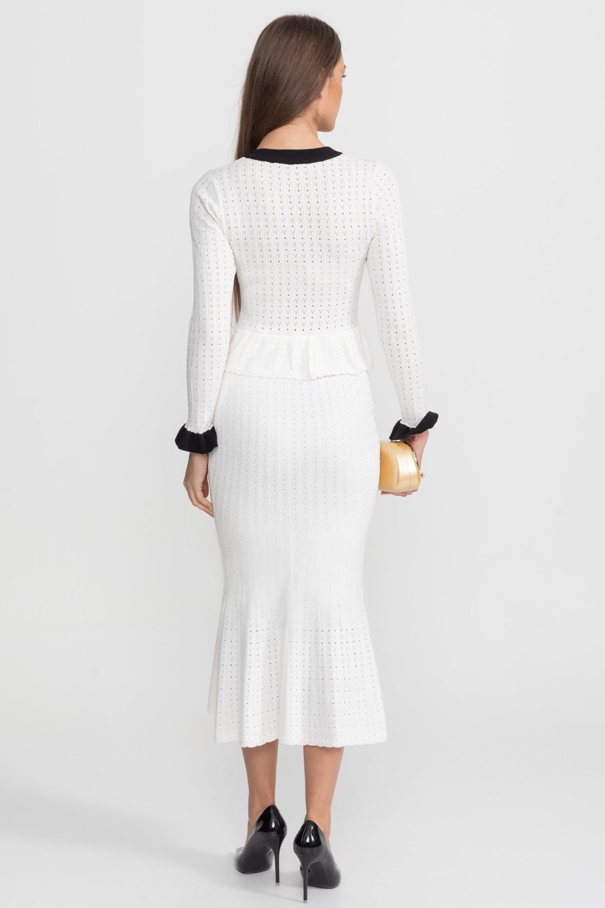 Pointelle Knit Contrast Trim Peplum Cardigan and Fluted Hem Midi Skirt Two Piece Set 5