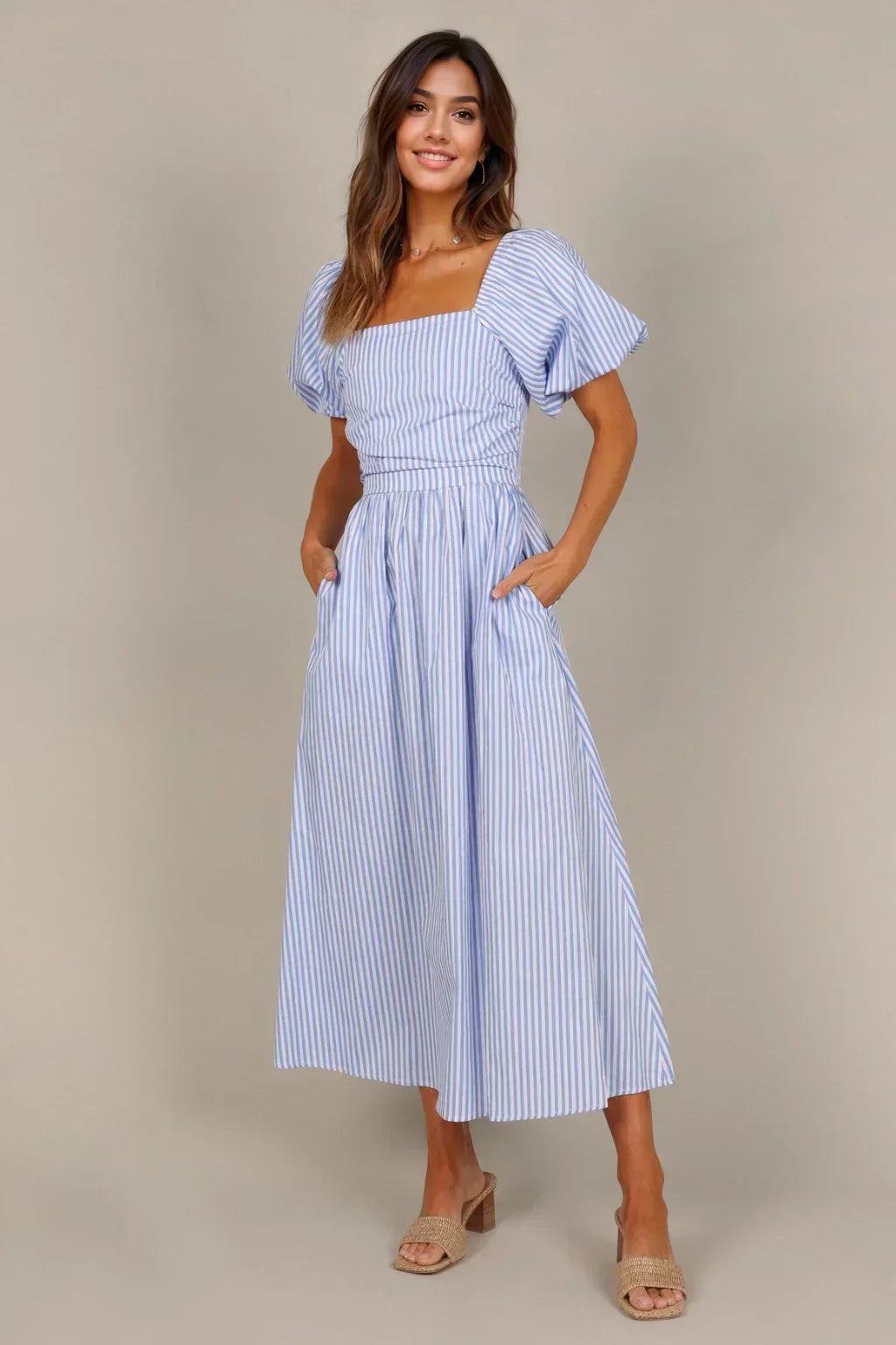 Striped Square Neck Puff Sleeve Pocket A-Line Midi Dress 6