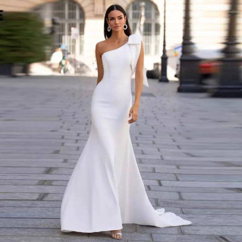 Crepe Bow Shoulder Fishtail Mermaid Wedding Gown
