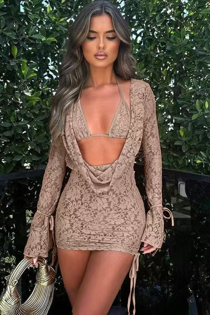 Solid Tie Lace Long Sleeve Skirt Two Piece Set