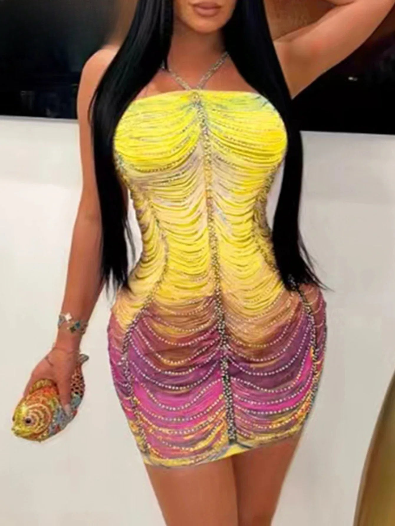 Halter Neck Rhinestone Fringe Bodycon Mini Dress