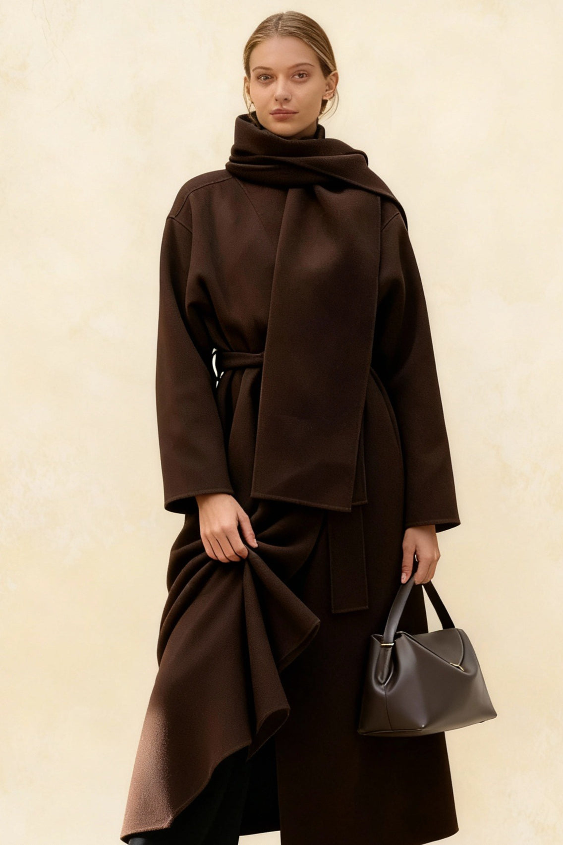 Scarf Collar Woolen Belted Overcoat