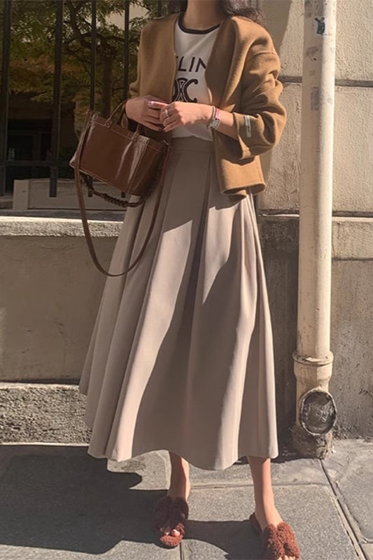 High Waist Pleated A Line Midi Skirt