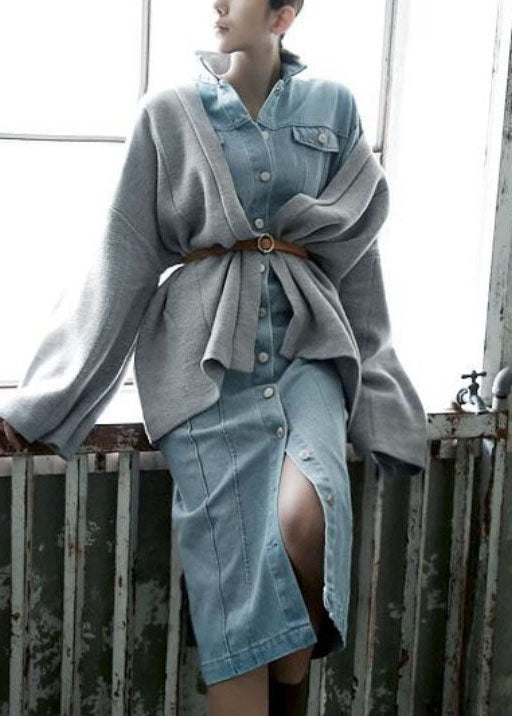 Denim Mandarin Collar Button Down Chest Pocket Princess Seam Midi Dress