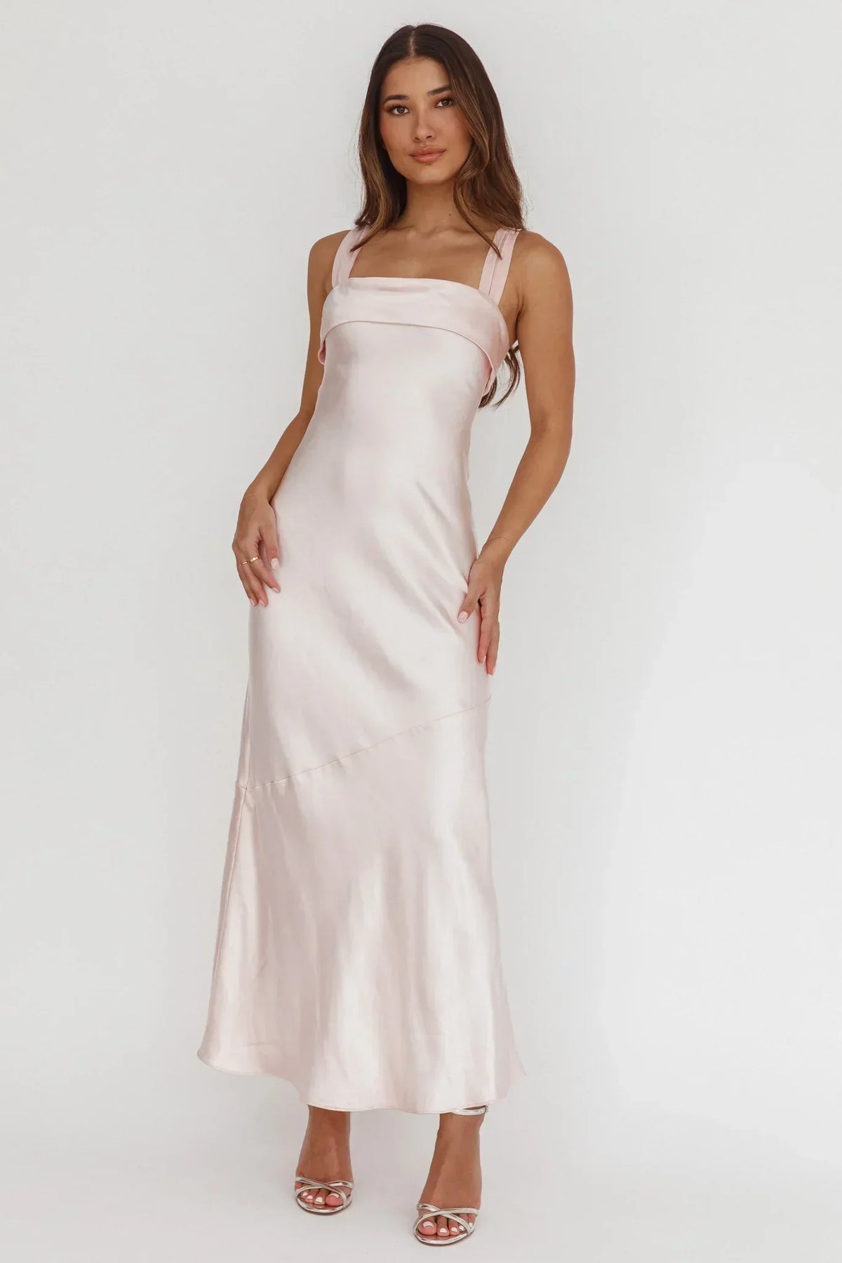 Satin Fold Over Neckline Wide Strap Bias Cut Midi Dress