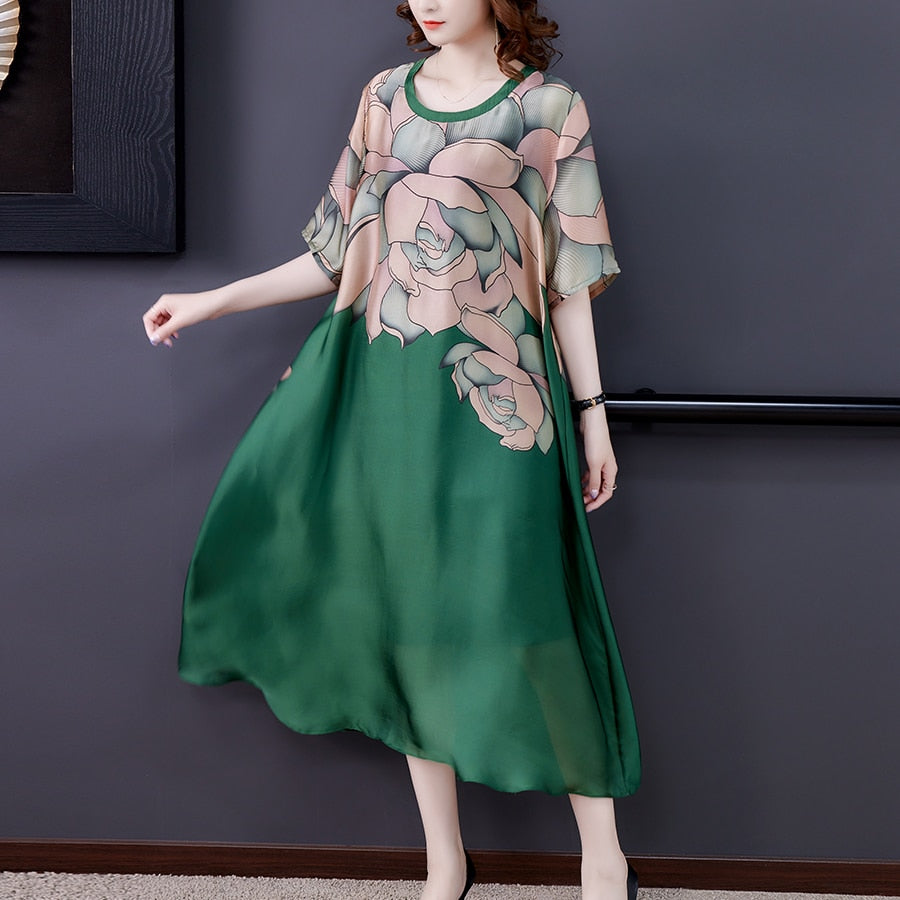 Floral Print Round Neck Short Sleeve Sheer Layered Loose A-Line Midi Dress