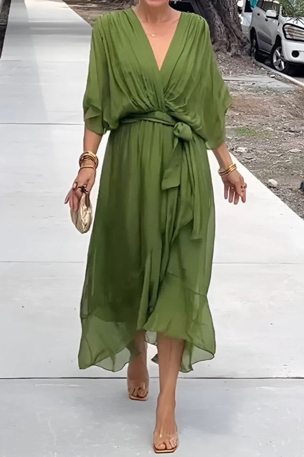 Solid Color V-neck Bat Sleeve Lace-up Irregular Hem Midi Dress - View 10