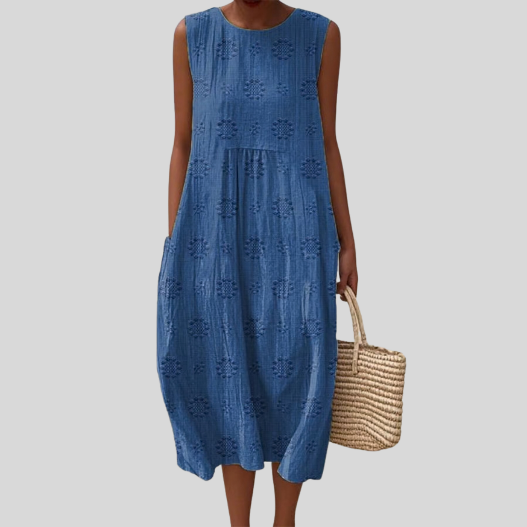 Textured Floral Round Neck Sleeveless Midi Dress
