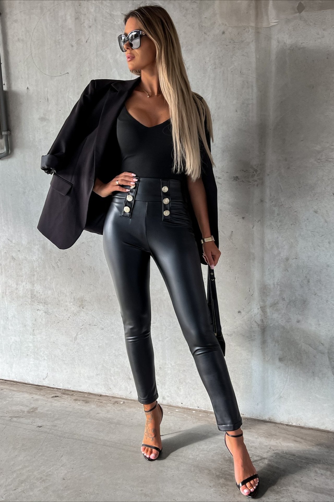 Buttoned PU Slim Fit Tight Casual Fashion Pants