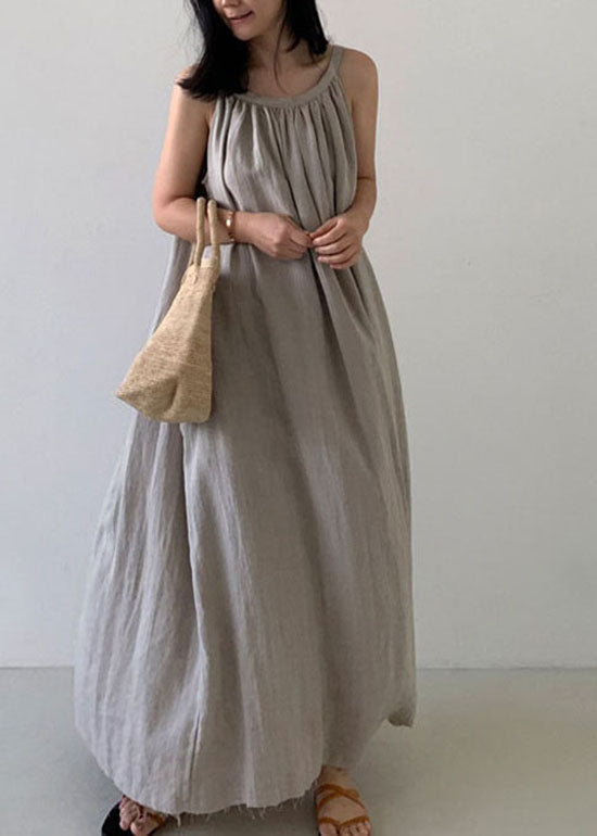 Gathered Neck Pleated Tent Oversized Sleeveless Linen Blend Maxi Dress