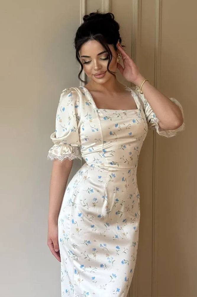 Satin Puff Sleeve Floral Dress in Blue - View 6