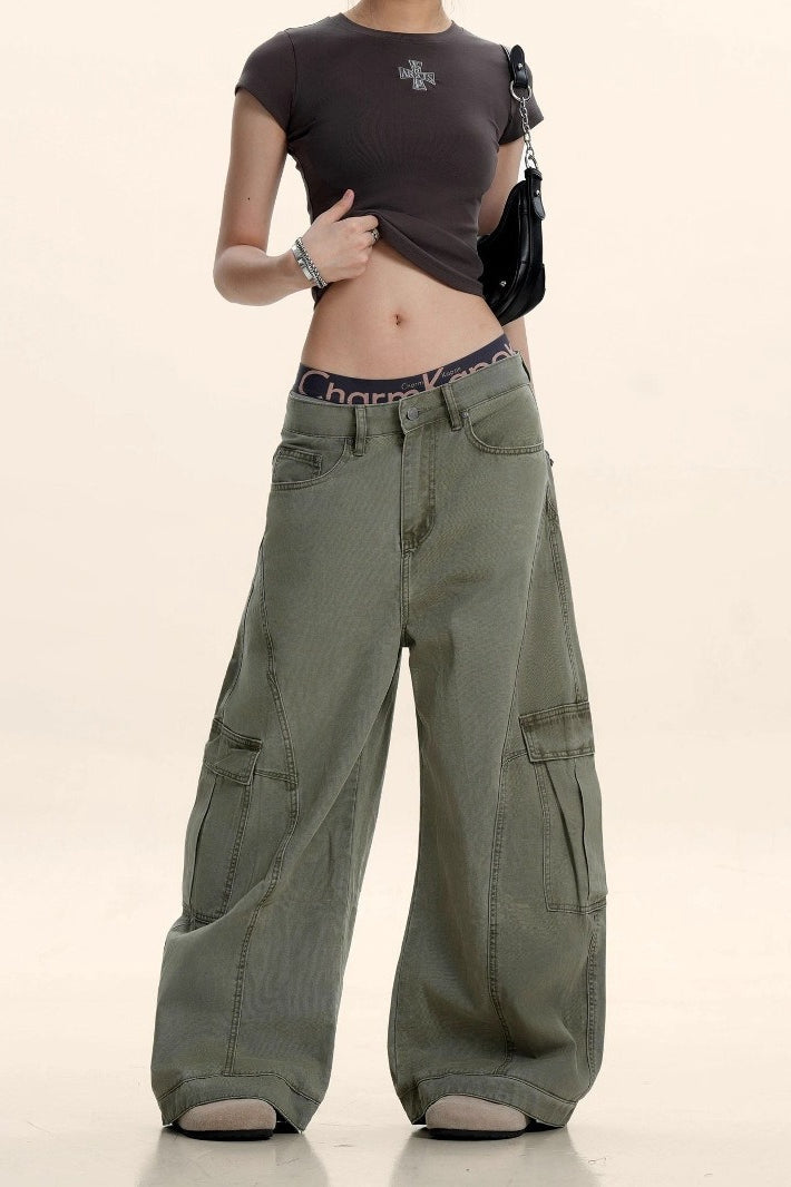 Washed Denim-Look Curved Seam Baggy Barrel Leg Cargo Pants