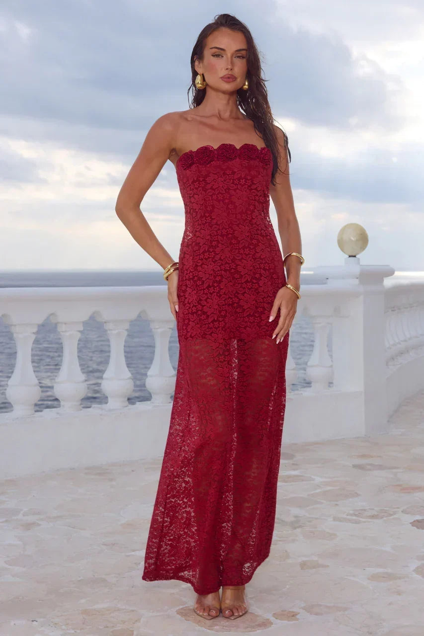 Floral Lace Strapless Scalloped Neckline Column Maxi Dress 5