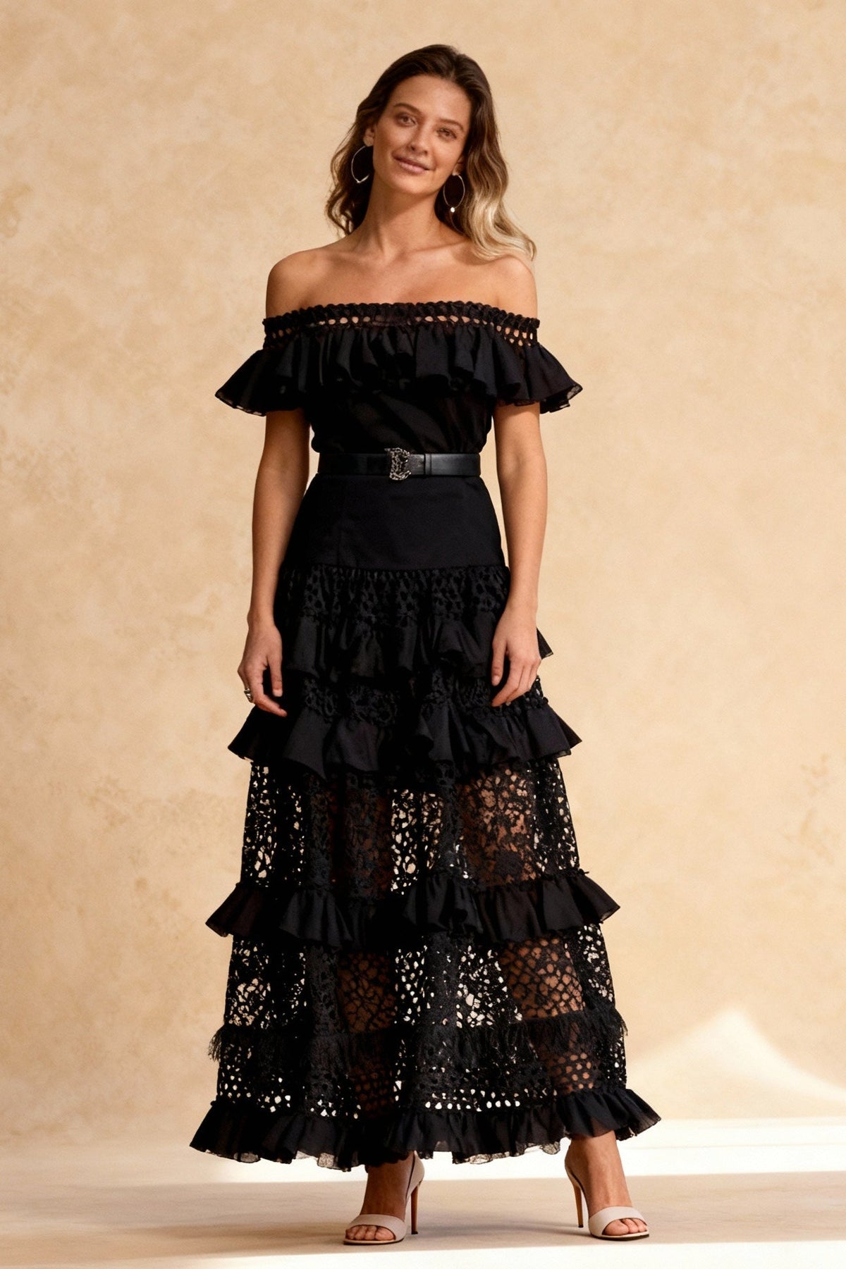 Off Shoulder Ruffle Tiered Cut Out Lace Feather Trim Maxi Dress 4